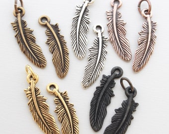 Small Feather Charms w/optional jump rings, TierraCast silver, gold, copper, black & brass plated pewter, 23mm w/1.25mm loop, western + bird