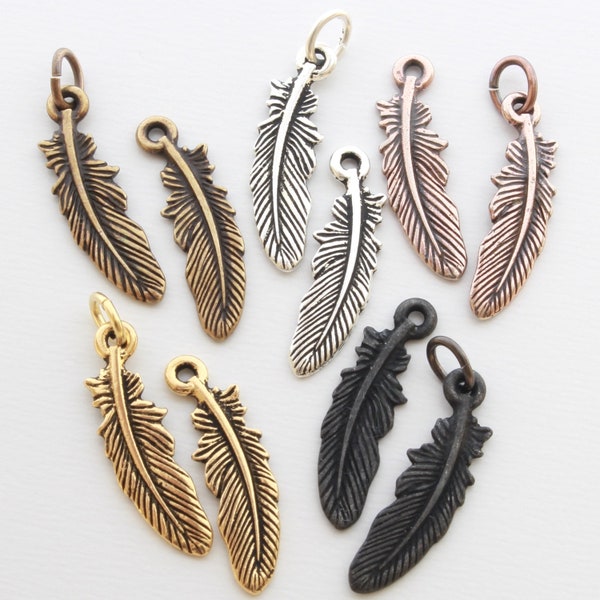 Small Feather Charms w/optional jump rings, TierraCast silver, gold, copper, black & brass plated pewter, 23mm w/1.25mm loop, western + bird