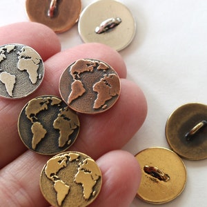 Maps Buttons, TierraCast silver, gold, copper & brass plated pewter, earth world buttons, travel buttons, globe buttons for clothes, jewelry image 2