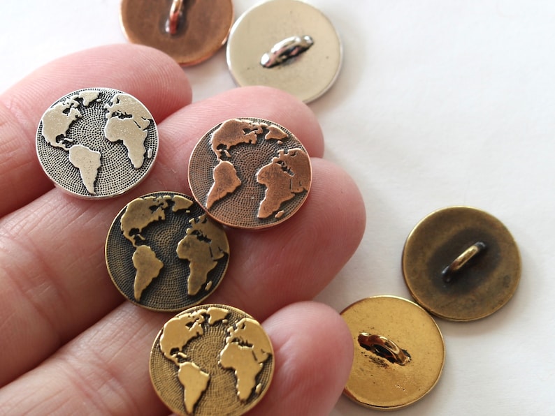 Maps Buttons, TierraCast silver, gold, copper & brass plated pewter, earth world buttons, travel buttons, globe buttons for clothes, jewelry image 2