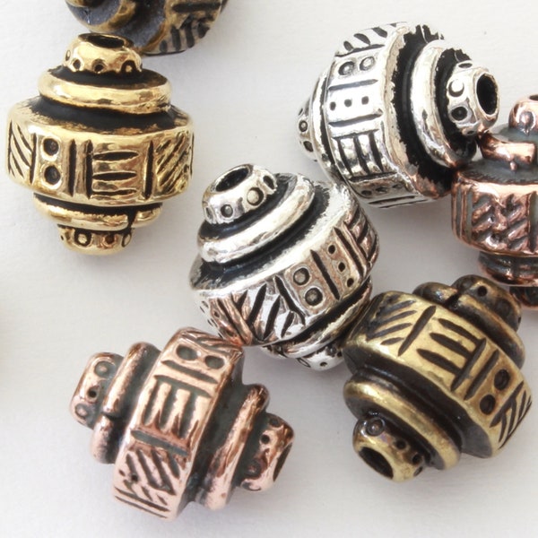 Woven Barrel Beads, TierraCast silver, gold, copper & brass plated pewter, 9x7.25mm, 1.25mm hole, 3D details, unique spacers or focal beads