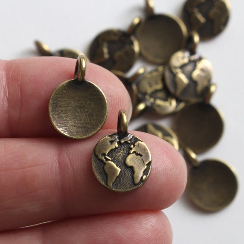 World Charms, TierraCast 16.6mm silver, gold, copper & brass, Earth Day charms, small continents, map pendants, globe charms, 2.6mm loop Brass