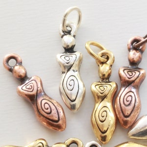 Spiral Goddess Charms, TierraCast gold, silver, copper plated pewter, DIY small 19.75mm necklace, pendant or earrings, optional jump rings