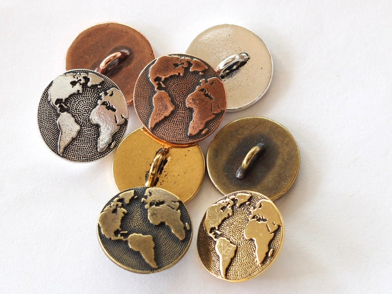 Maps Buttons, TierraCast silver, gold, copper & brass plated pewter, earth world buttons, travel buttons, globe buttons for clothes, jewelry image 1