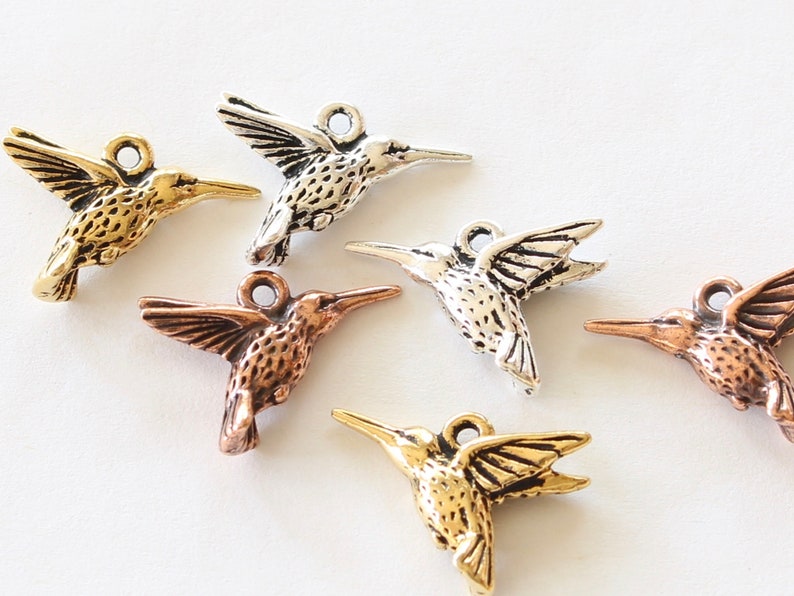 Hummingbird Charms, TierraCast silver, gold, copper plated pewter, cute DIY jewelry, 14.25mm humming bird, 1.25mm hole image 9