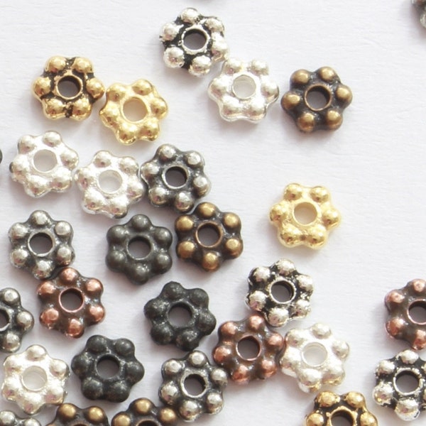 3mm Daisy Spacer Beads, TierraCast silver, gold, copper, brass, black & natural pewter, 3D Heishi beads, antiqued + bright, 0.8mm hole