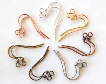 Popular French Hook Ear Wire Pairs, silver, gold, copper, black, brass plating, antique + bright, 1” tall, 25mm fish hook pierced ear hoops