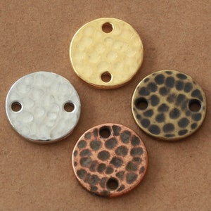 11mm Hammered Round Disc Connectors, TierraCast gold, copper, brass & white bronze washers, plated pewter 2-sided links, flat 2-hole beads