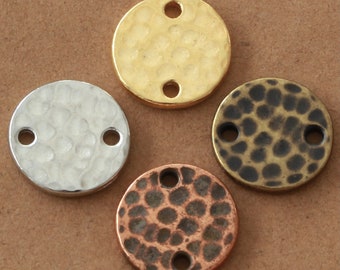 11mm Hammered Round Disc Connectors, TierraCast gold, copper, brass & white bronze washers, plated pewter 2-sided links, flat 2-hole beads
