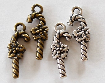 Candy Cane Charms, TierraCast silver & brass plated pewter, 25mm (1”), holly leaf accents
