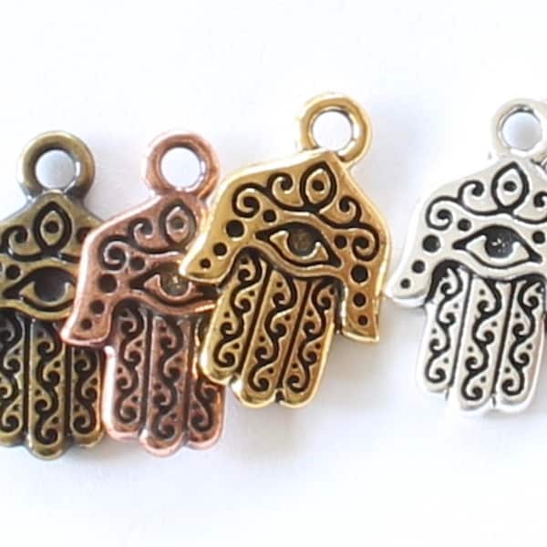 Hamsa Charms, TierraCast 15mm silver, gold, brass & copper, 2-sided small pendants, plated pewter, mystical, spiritual prayer hand talismans