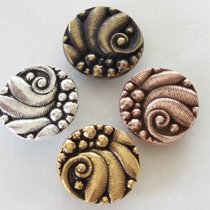 Czech Round Buttons, TierraCast silver, copper, brass & gold plated pewter, 12.8mm, 2.25x1.25mm shank, detailed jewelry parts + unique clasp