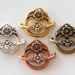 Floral Flower Toggle Clasps, TierraCast silver, gold, copper & brass plated pewter, 17x22mm 2-sided focal clasps for jewelry, lovely details