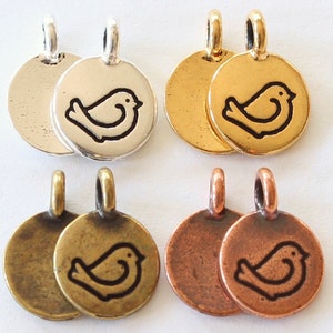 Fat Bird Charms, TierraCast gold & copper plated pewter, line drawing of little bird, 16.6mm