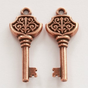 Large TierraCast Victorian Key Charms, 36mm copper plated pewter, steampunk focal pendants