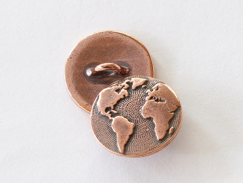 Maps Buttons, TierraCast silver, gold, copper & brass plated pewter, earth world buttons, travel buttons, globe buttons for clothes, jewelry Copper