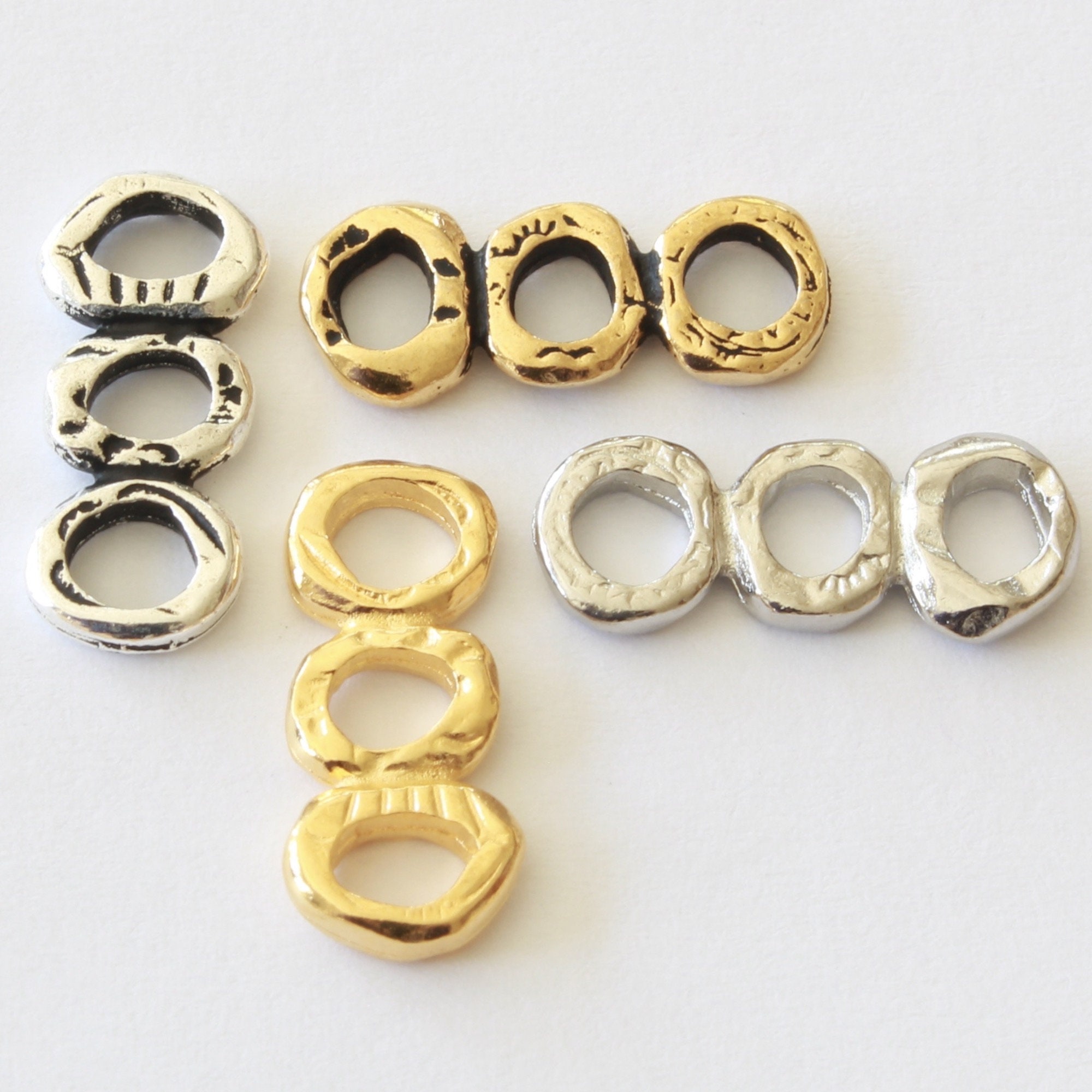 Intermix 3 Ring Bar Links, TierraCast antique silver, bright + ant. gold, white bronze plate pewter, jewelry connector, 18.6mm, DIY earring
