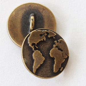 Maps Buttons, TierraCast silver, gold, copper & brass plated pewter, earth world buttons, travel buttons, globe buttons for clothes, jewelry Brass