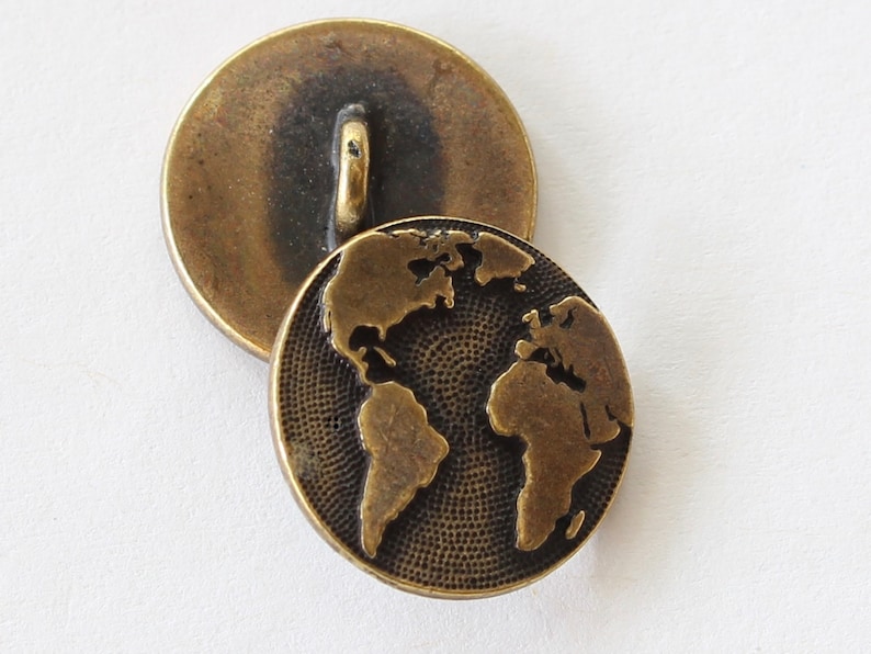Maps Buttons, TierraCast silver, gold, copper & brass plated pewter, earth world buttons, travel buttons, globe buttons for clothes, jewelry Brass