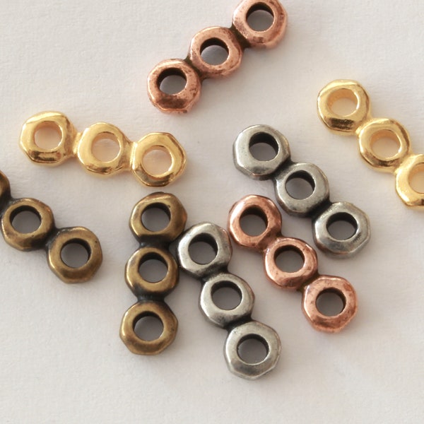 5mm Nugget 3 Hole Bar Links, TierraCast antiqued pewter, gold, copper, brass plated pewter, 13.8mm, 2.25mm hole, natural spacer divider bead