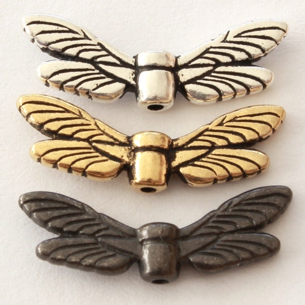 Dragonfly Wing Beads, TierraCast silver, gold & black plated pewter, 1mm hole, 20mm wide insect spacer beads, DIY earring parts, bug jewelry