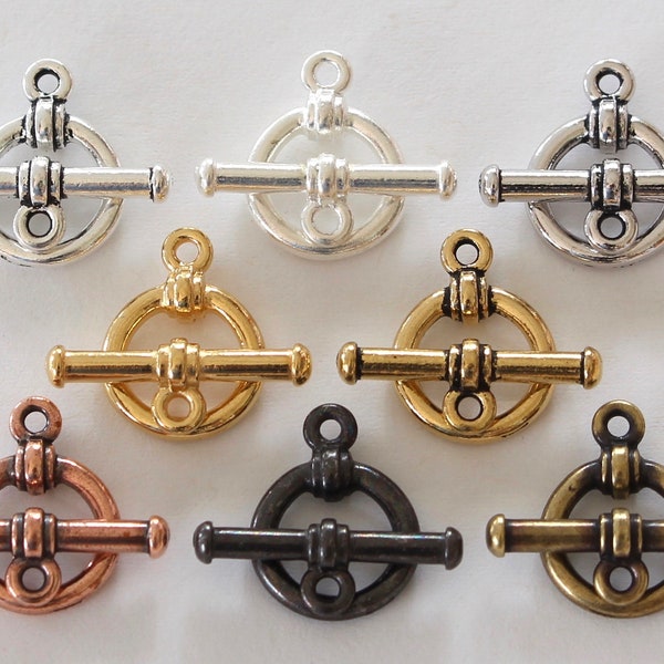 Toggle Clasps, TierraCast silver, gold, copper, black, white bronze & brass plated pewter, for necklaces + bracelets, 19x12mm 3D bar + ring