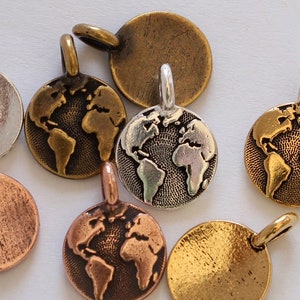 World Charms, TierraCast 16.6mm silver, gold, copper & brass, Earth Day charms, small continents, map pendants, globe charms, 2.6mm loop image 3