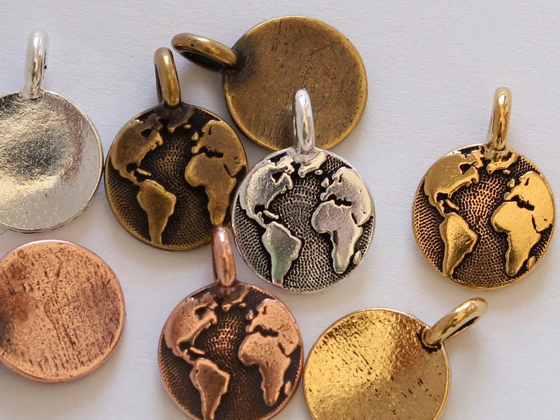 World Charms, TierraCast 16.6mm silver, gold, copper & brass, Earth Day charms, small continents, map pendants, globe charms, 2.6mm loop image 3