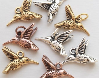 Hummingbird Charms, TierraCast silver, gold, copper plated pewter, cute DIY jewelry, 14.25mm humming bird, 1.25mm hole