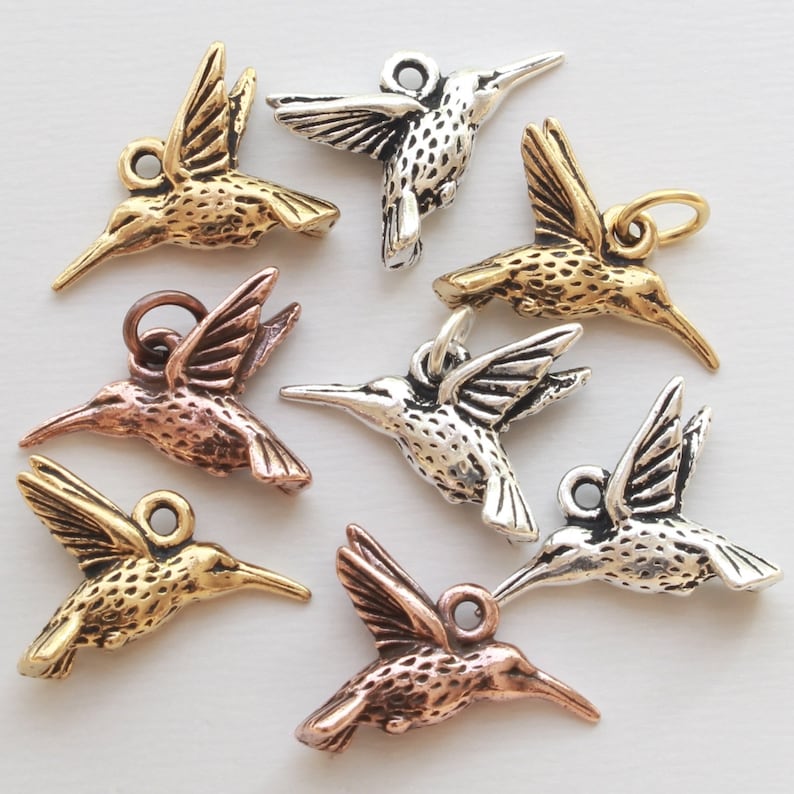 Hummingbird Charms, TierraCast silver, gold, copper plated pewter, cute DIY jewelry, 14.25mm humming bird, 1.25mm hole image 1