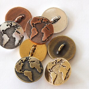 Maps Buttons, TierraCast silver, gold, copper & brass plated pewter, earth world buttons, travel buttons, globe buttons for clothes, jewelry image 9