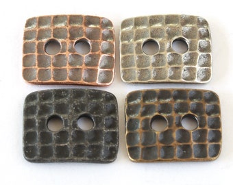 Rectangle Buttons, TierraCast copper, brass, black & pewter, 2-sided + hammered (hammertone), 15x12.5mm, two 2mm holes, for jewelry + sewing