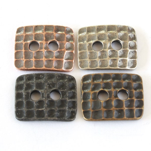 Rectangle Buttons, TierraCast copper, brass, black & pewter, 2-sided + hammered (hammertone), 15x12.5mm, two 2mm holes, for jewelry + sewing