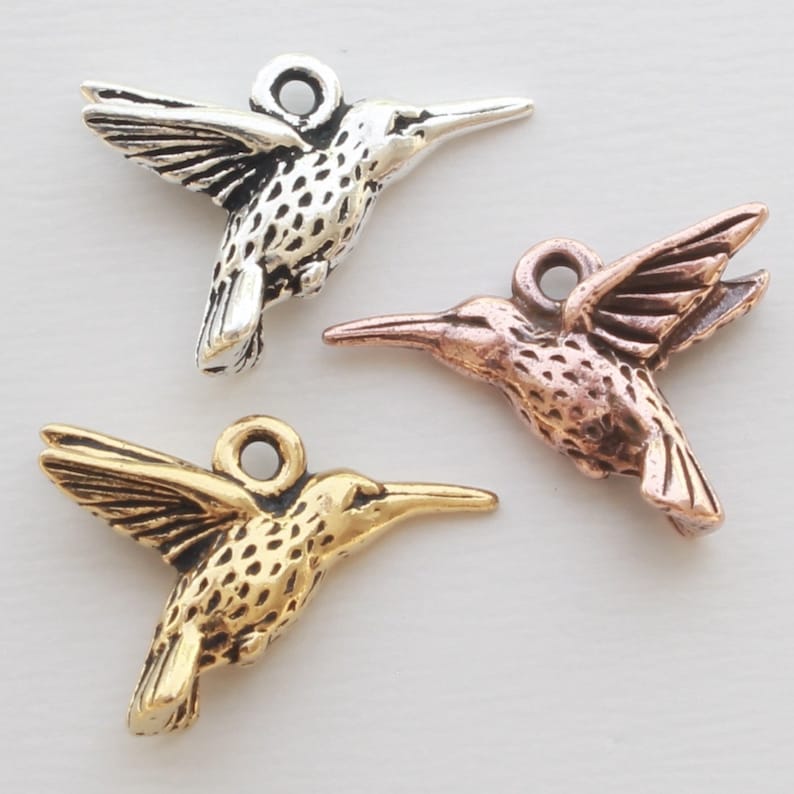 Hummingbird Charms, TierraCast silver, gold, copper plated pewter, cute DIY jewelry, 14.25mm humming bird, 1.25mm hole image 4