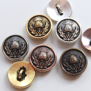 Thistle Buttons, TierraCast silver, gold, copper, brass plate & natural pewter, 14.5mm, 2mm shank, Scottish jewelry clasps, clothing buttons