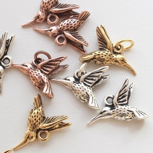 Hummingbird Charms, TierraCast silver, gold, copper plated pewter, cute DIY jewelry, 14.25mm humming bird, 1.25mm hole image 2