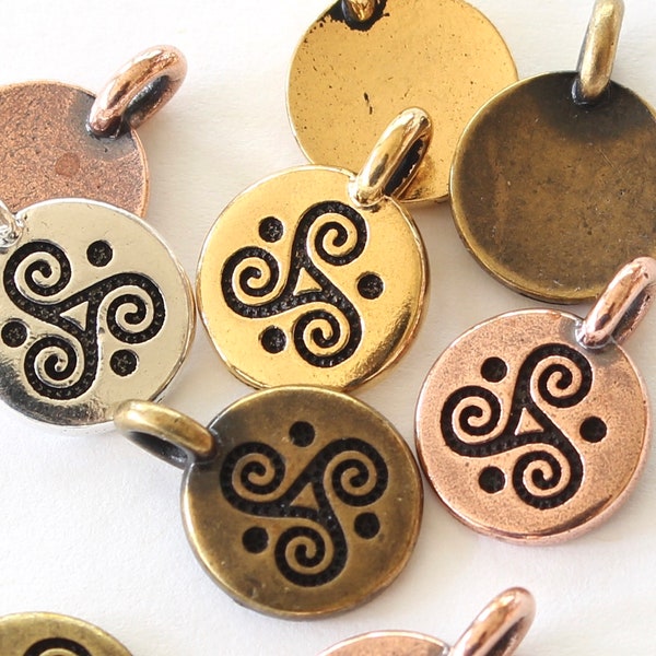 Triskele Charms, TierraCast silver, gold, copper & brass plated pewter, triple spiral Celtic wave or meditation designs, cute yoga pendants