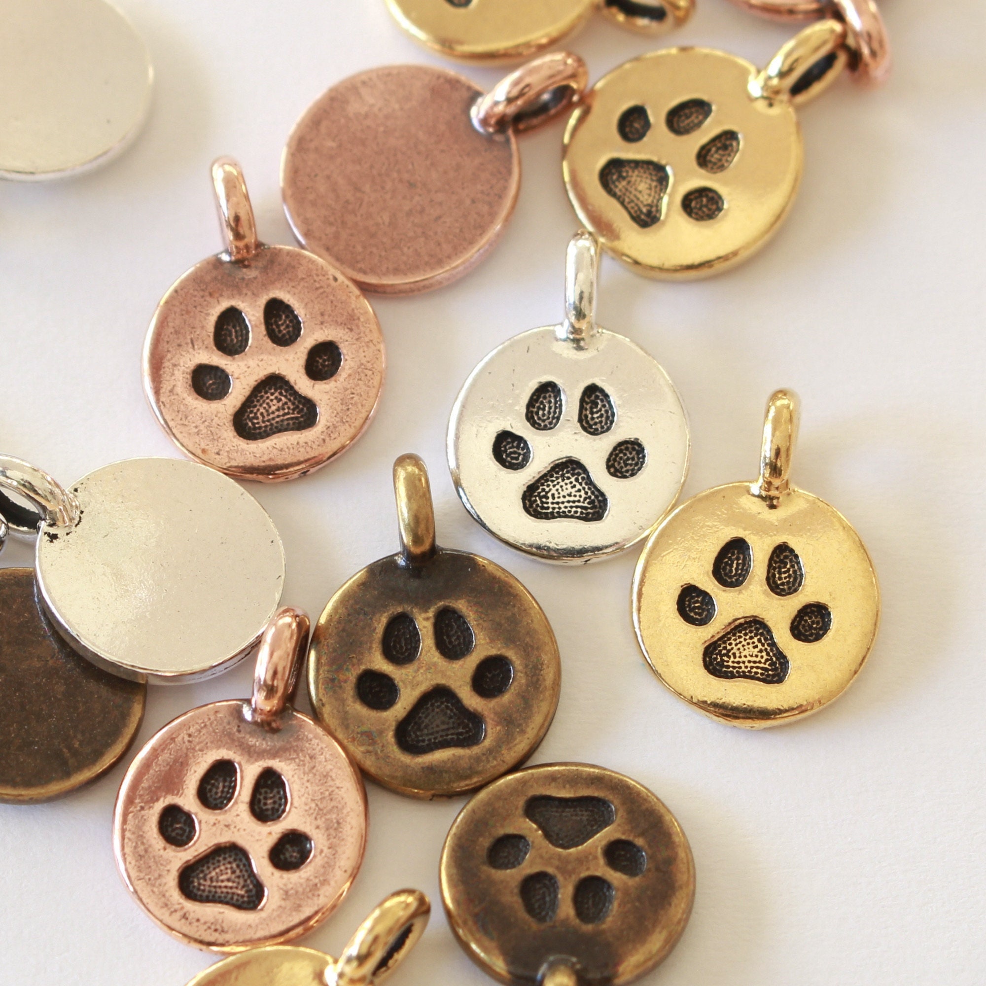 Paw Print Charms, Tierracast Silver, Gold, Copper, Brass Plated Pewter,  Cute Animal Pendants, Cat Dog Paws, 16.6mm W/2.6mm Bail, Dog Charm 