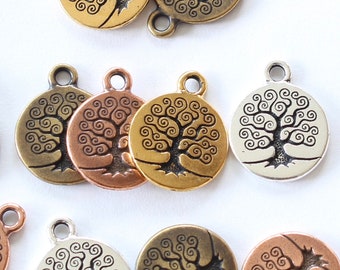 Tree of Life Charms, TierraCast 15mm silver, gold, brass & copper small pewter pendants, 2-sided Bodhi trees, albero della vita, family tree