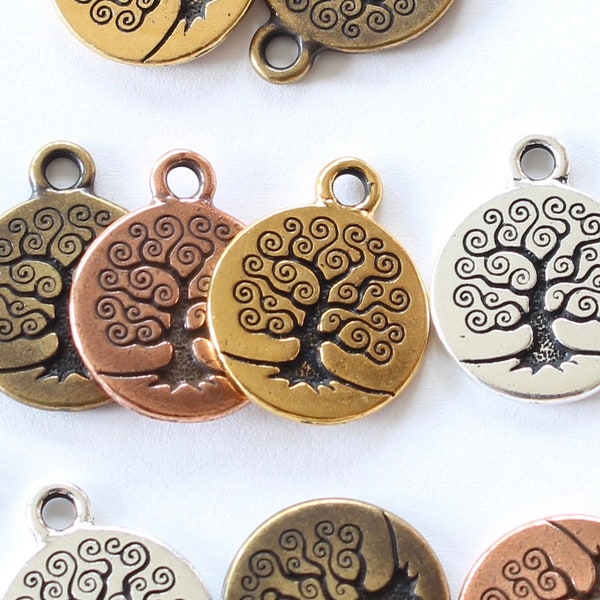 Tree of Life Charms, TierraCast 15mm silver, gold, brass & copper small pewter pendants, 2-sided Bodhi trees, albero della vita, family tree
