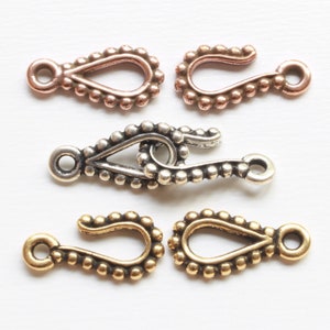 Hook & Eye Clasps w/optional jump rings, TierraCast silver, gold + copper plated pewter, 14.25mm small w/3D beaded details, jewelry findings