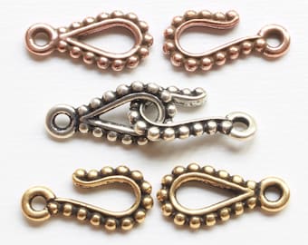 Hook & Eye Clasps, TierraCast silver, gold + copper plated pewter, 14.25mm small w/3D beaded details, jewelry findings