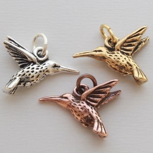 Hummingbird Charms, TierraCast silver, gold, copper plated pewter, cute DIY jewelry, 14.25mm humming bird, 1.25mm hole image 3