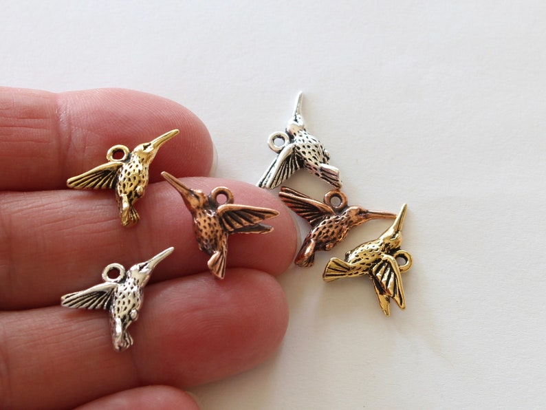 Hummingbird Charms, TierraCast silver, gold, copper plated pewter, cute DIY jewelry, 14.25mm humming bird, 1.25mm hole image 10