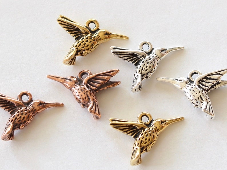 Hummingbird Charms, TierraCast silver, gold, copper plated pewter, cute DIY jewelry, 14.25mm humming bird, 1.25mm hole image 8