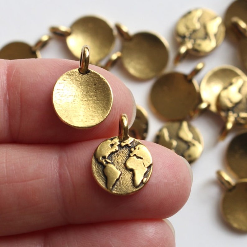 World Charms, TierraCast 16.6mm silver, gold, copper & brass, Earth Day charms, small continents, map pendants, globe charms, 2.6mm loop Gold