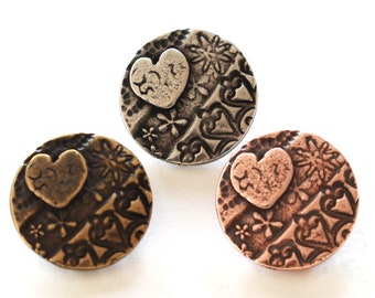 Amor Round Buttons, TierraCast brass , copper & natural antiqued pewter, 16.5mm, 2mm shank, jewelry parts + clasps, or sewing on clothing