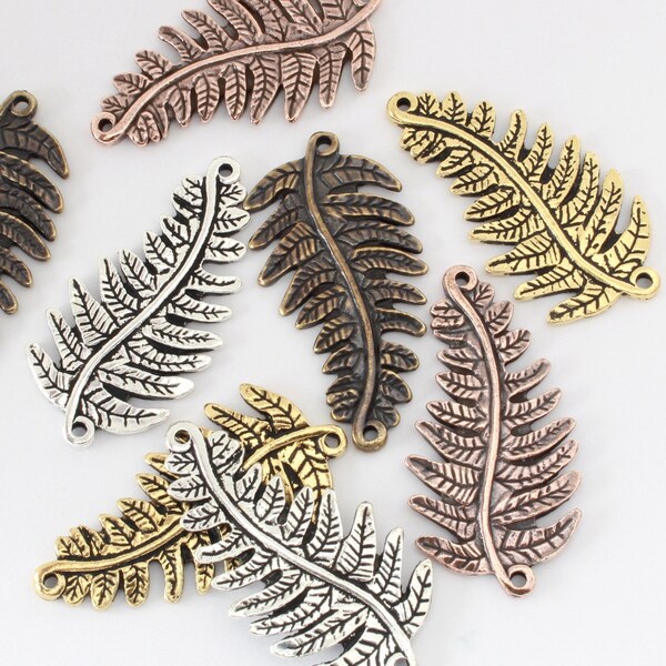 Large Fern Leaf Links, TierraCast silver, gold, copper & brass plated pewter, 40x20mm, 3D pendant leaves, 1.5mm loops, Woodland Collection