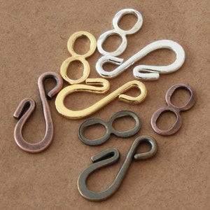 Small Hook and Eye Jewelry Clasps, silver, gold, copper & brass, antiqued + bright plated brass jewelry supplies, 24mm (@ 1”) when linked