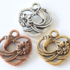 TierraCast Floral Heart Charms, 2-sided gold & copper plated pewter, 19.6mm, 2.2mm eyelet